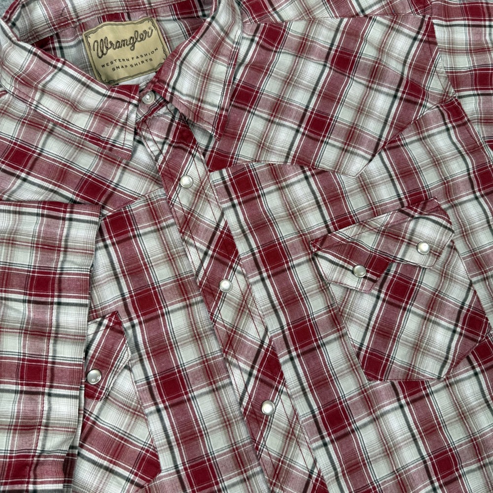 Wrangler Western Shirt Mens 2XL Red Metallic Plaid Pearl Snap Short Sleeve Rodeo